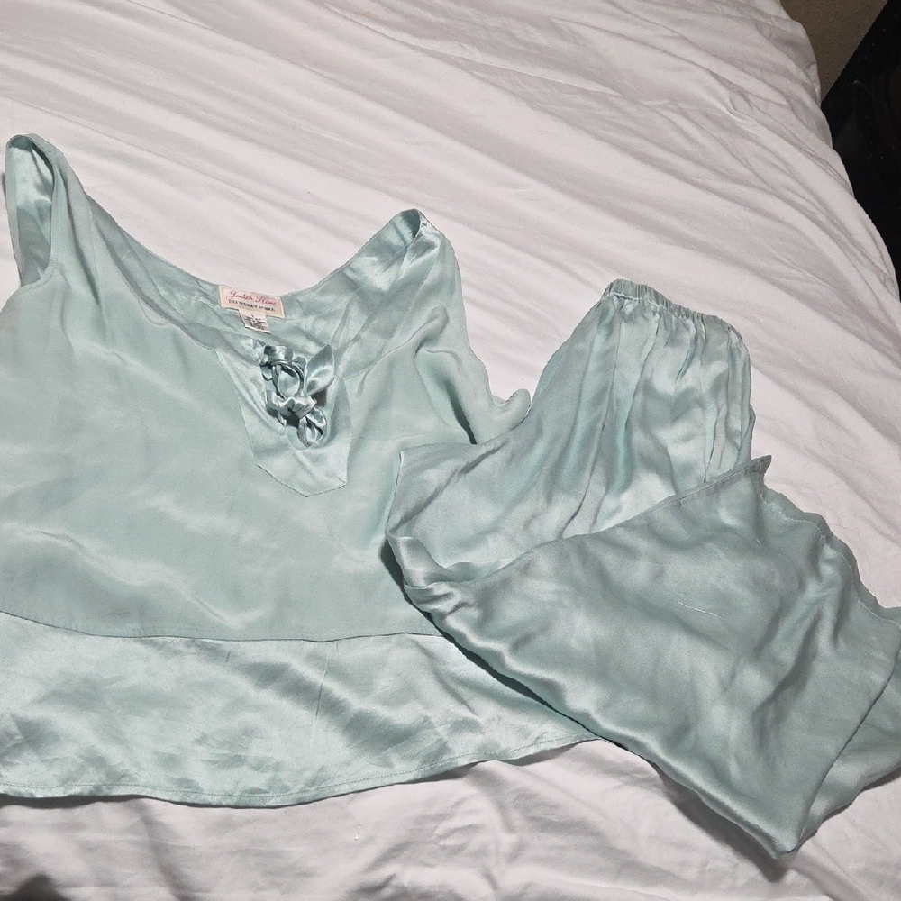 JUDITH HART Light Blue Satin Women's Pajama Set with Tie-Front Camisole